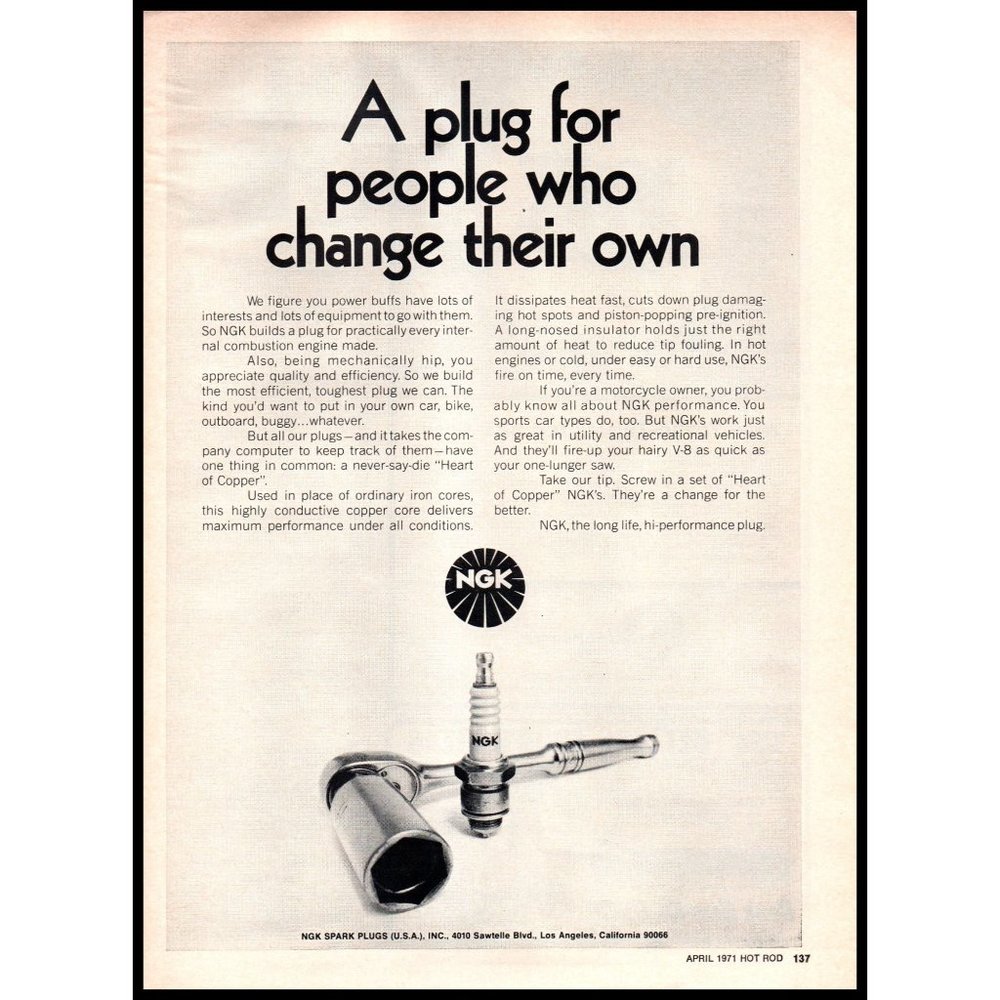 1971 NGK Spark Plugs Vintage Print Ad Ratchet Socket Mechanic Man Cave Wall Art
